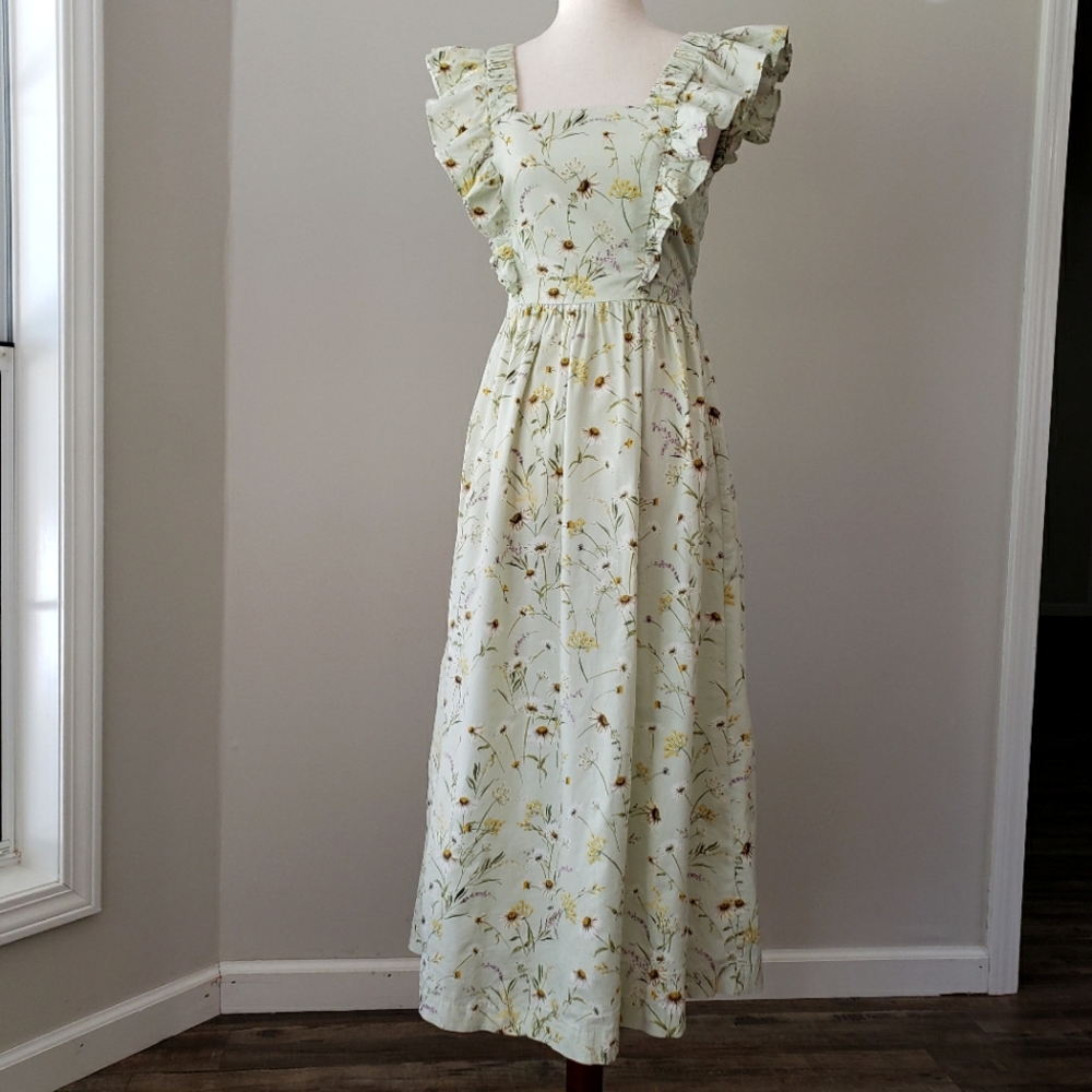 H&M Light Green Floral Ruffle Midi Dress